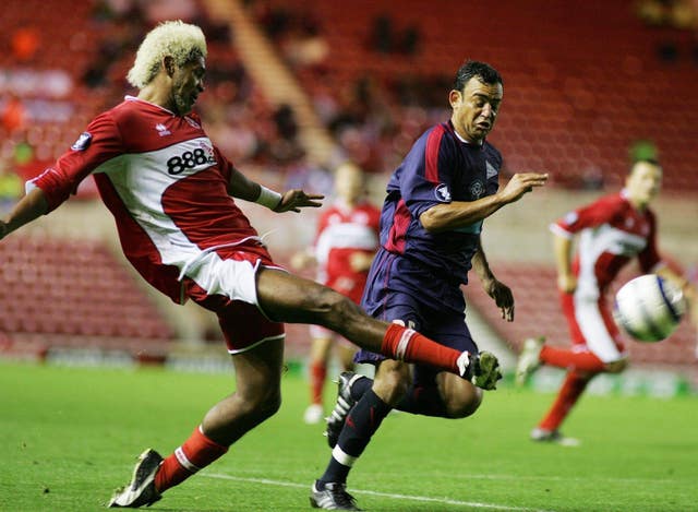 Abel Xavier (left) in action for Middlesbrough against Xanthi (Owen Humphreys/PA)