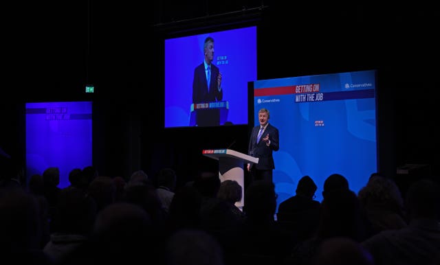 Conservative party Chairman Oliver Dowden addresses the Winter Garden audience at the Tory spring conference