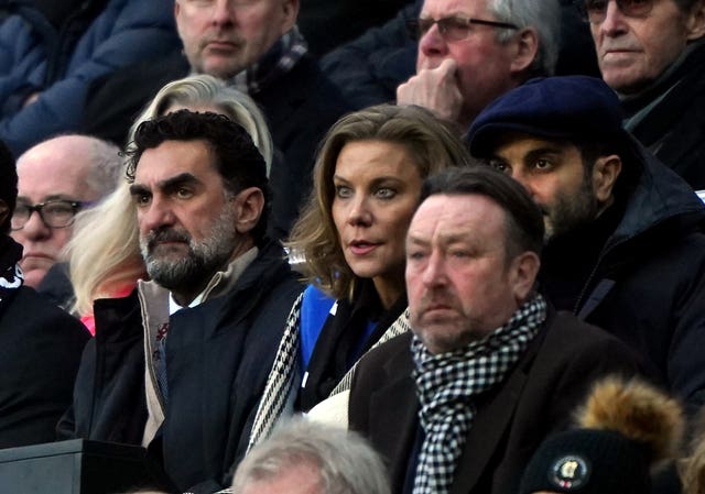 Newcastle chairman Yasir Al-Rumayyan (left) with co-owner Amanda Staveley and her husband Mehrdad Ghodoussi (right) at St James' Park