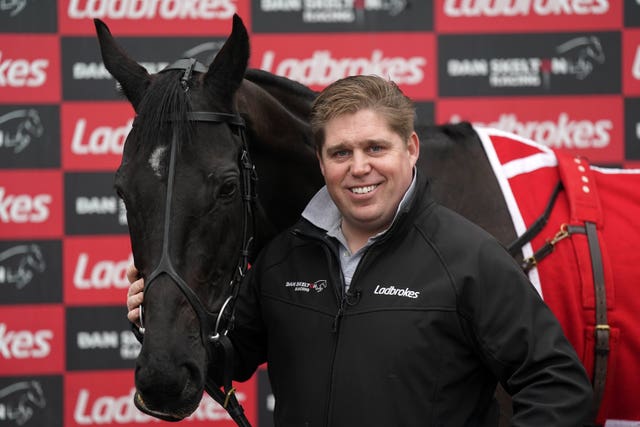 Dan Skelton alongside Nube Negra, during a visit to Dan Skelton’s stables at Lodge Hill, Alcester