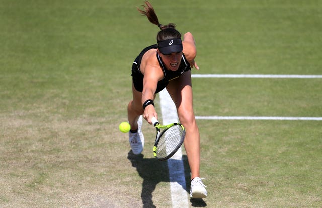 Johanna Konta stretches to try to retrieve a shot during her win over Heather Watson