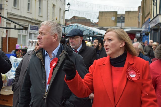 Labour Party chairman Ian Lavery and the party’s candidate in Walsall North, Gill Ogilvie, during a General Election campaign walk-about in Willenhall, West Midlands