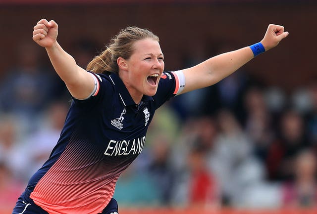 Shrubsole celebrates the wicket of New Zealand’s Rachel Priest during the Women’s World Cup match at the The County Ground, Derby.