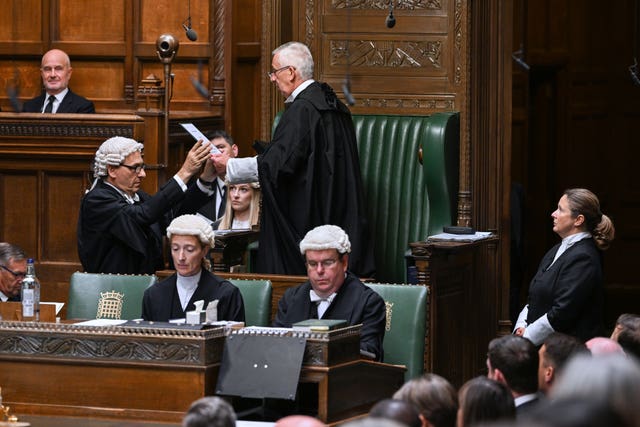 UK Parliament of Speaker Sir Lindsey Hoyle joins selected MPs to take the oath and swear allegiance to the Crown (UK Parliament/Jessica Taylor/PA)