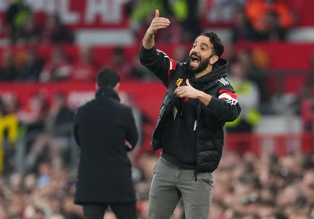 Manchester United manager Ruben Amorim on the touchline (Martin Rickett/PA)