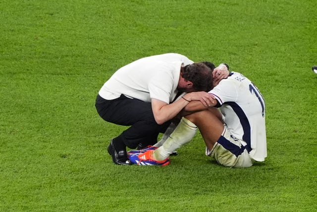 England manager Gareth Southgate with Jude Bellingham following the Euro 2024 final defeat by Spain