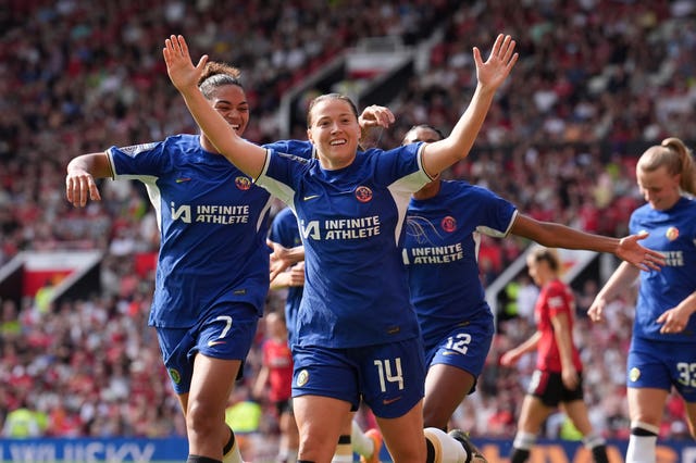 Fran Kirby (centre) celebrates after scoring for Chelsea at Old Trafford