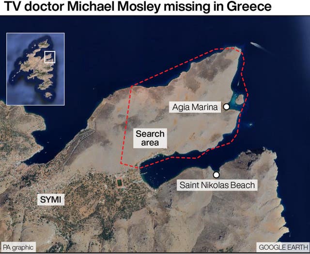 PA graphic showing a map of the Agia Marina area which is the search location for missing Dr Michael Mosley