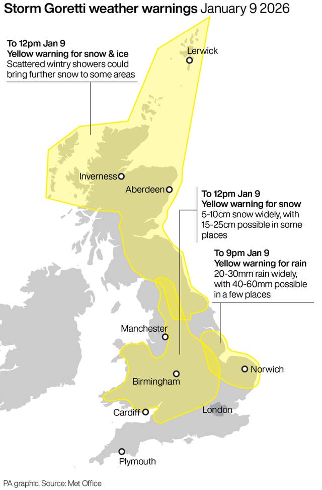 Storm Goretti weather warnings January 9 2026