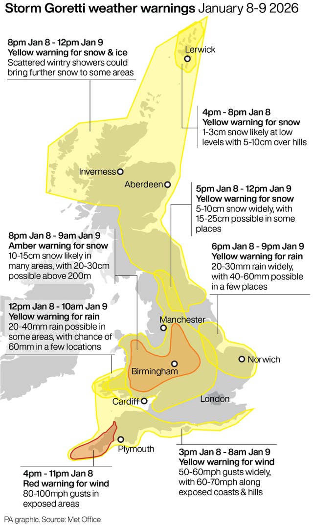 A map showing Storm Goretti weather warnings January 8-9 2026