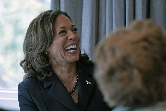 Kamala Harris laughs during a press conference in the White House