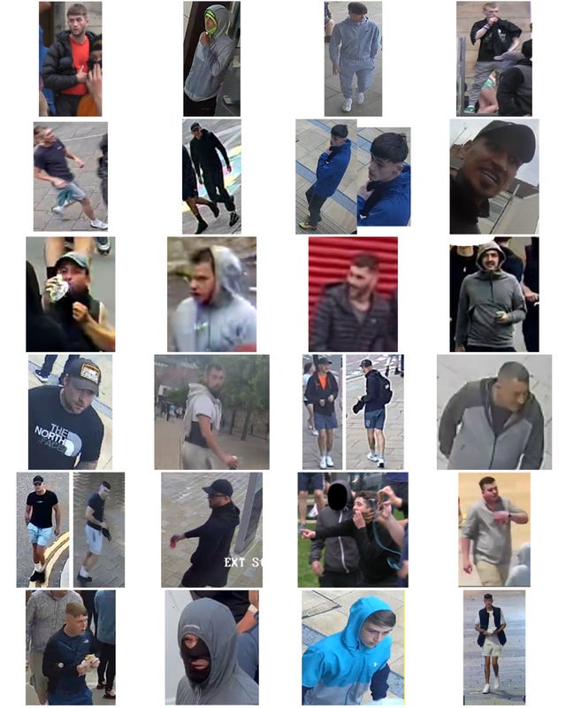 A composite of 24 unidentified suspects involved in the disorder in Southport in 2024 that the police are appealing for help with identifying