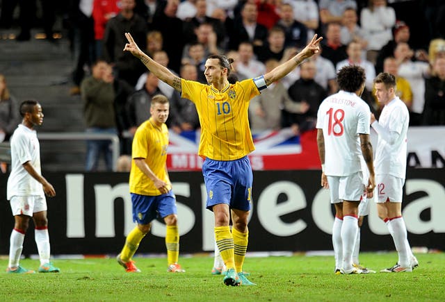 Sweden’s Zlatan Ibrahimovic celebrates completing his hat-trick against England