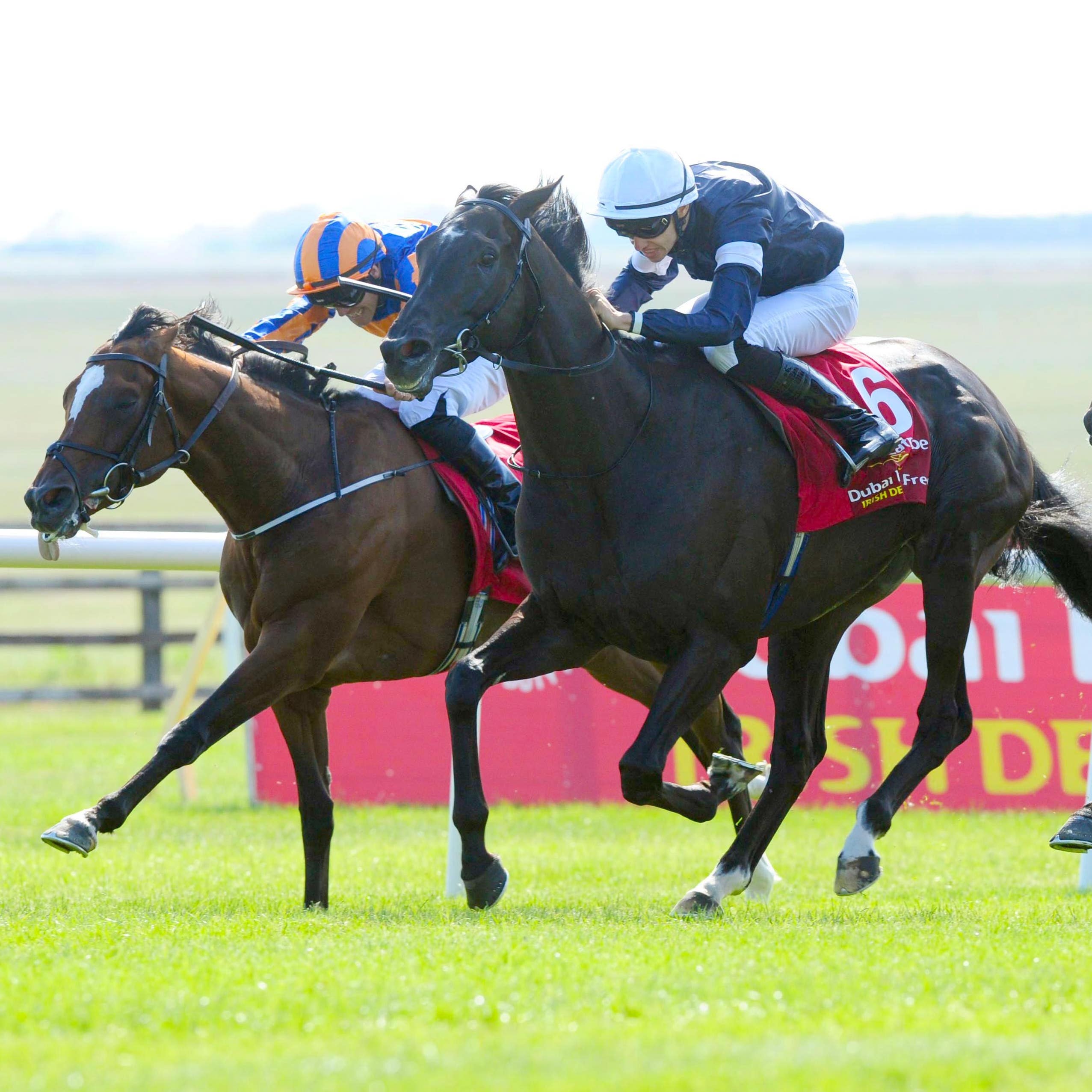 Latrobe (white cap) on his way to winning the Dubai Duty Free Irish Derby at the Curragh