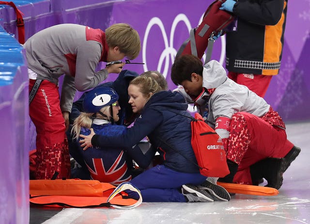 The Scot crashes on the final bend of her 1500m semi-final, piling into the barriers where she is attended by medics before leaving the venue on a stretcher. Subsequent scans reveal no broken bones, leaving open the possibility of her competing in the heats of her final event, the 1000m, on Tuesday