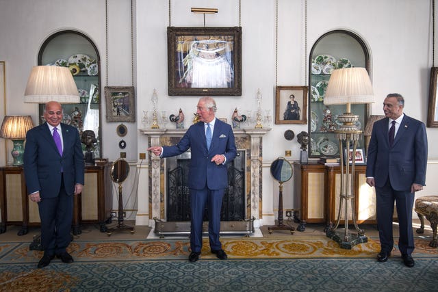 The Prince of Wales met Iraqi prime minister Mustafa al-Kadhimi, right, and Iraqi minister of foreign affairs Fuad Hussein 