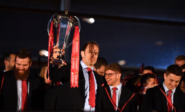 Alun Wyn Jones lifts the Six Nations trophy during the 2019 Grand Slam winners celebration welcome at the Senedd in Cardiff Bay