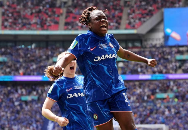 Chelsea’s Sandy Baltimore celebrates scoring their side’s first goal of the game from a penalty during the Adobe Women’s FA Cup Final match at Wembley Stadium, Londo