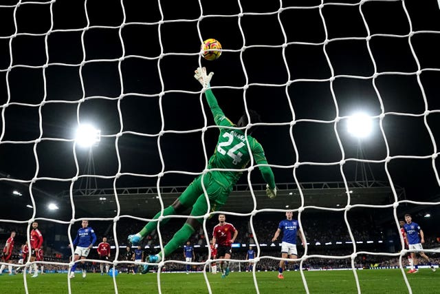 Manchester United goalkeeper Andre Onana fails to keep the ball out as Omari Hutchinson (not pictured) scores