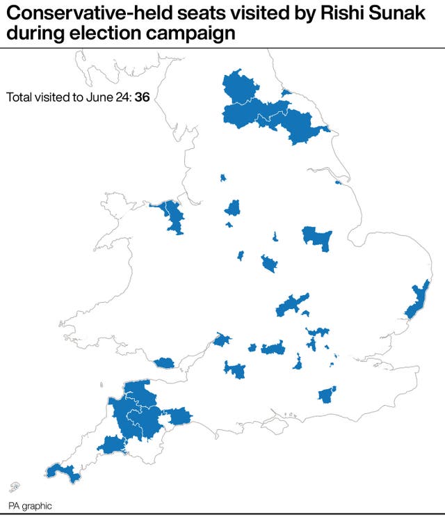 A map showing Conservative-held seats visited by Rishi Sunak during election campaign