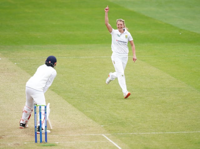 Anneke Bosch, right, celebrates the wicket of Sophia Dunkley