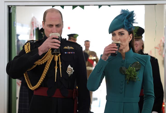 The Prince and Princess of Wales enjoy a glass of Guinness during a visit to the 1st Battalion Irish Guards for the St Patrick’s Day parade in 2023