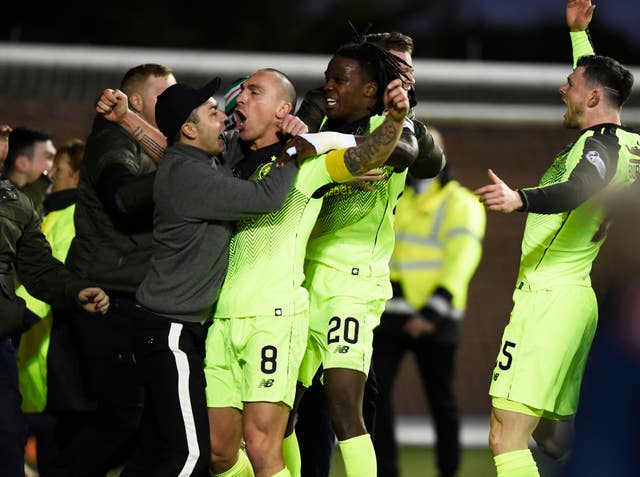 Scott Brown celebrates his late winner for Celtic at Kilmarnock