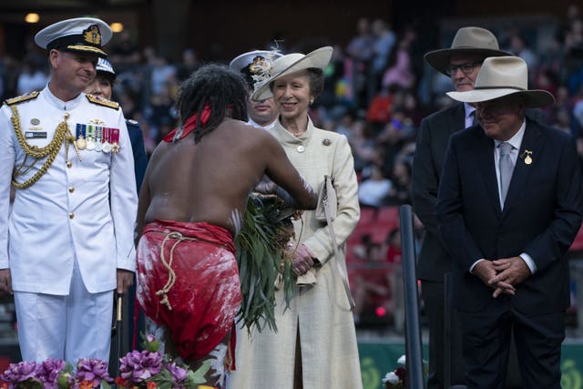 The Princess Royal participates in a smoking ceremony as she is welcomed by Australian Aboriginal performers at the opening ceremony of the Royal Agricultural Society of New South Wales Bicentennial Sydney Royal Easter Show in Sydney, on day one of the royal trip to Australia on behalf of the Queen, in celebration of the Platinum Jubilee