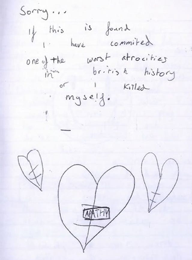 Page from a diary kept by the older boy in which he discussed his motivations for wanting to carry out a mass shooting (North East CTU)