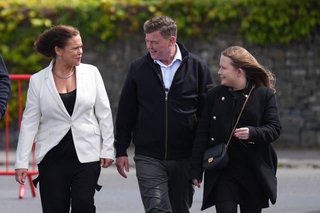 (l to r) Mary Lou McDonald, Sinn Fein candidate Mark Lohan and Galway TD Mairead Farrell arriving at the count for the Galway West by-election