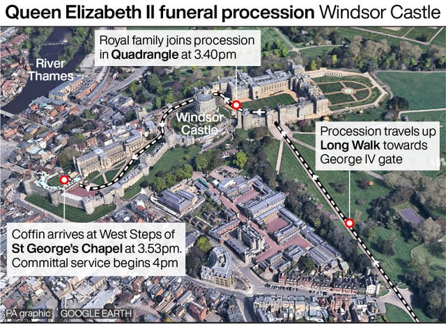 PA infographic showing the Queen's funeral procession at Windsor 