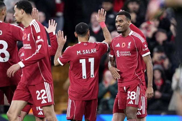 Salah, second right, and Gravenberch, right, celebrate