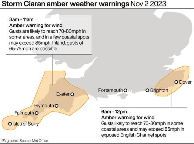 Storm Ciaran amber weather warnings