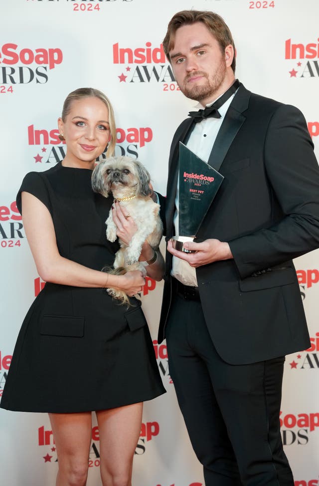 Eden Taylor-Draper with Minnie the dog and James Chase 