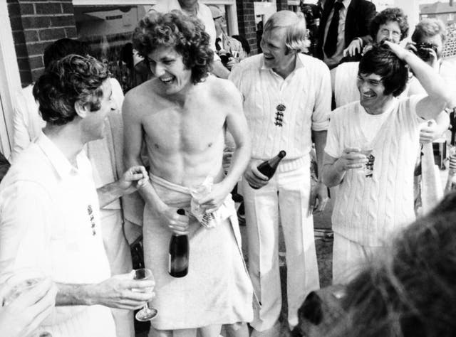 Skipper Mike Brearley, Bob Willis, Tony Greig and Alan Knott celebrate after victory by an innings and 85 runs at Headingley in 1997 clinched the Ashes