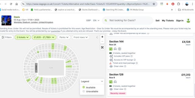 Screengrab taken from the Viagogo website of tickets for Oasis at Wembley Stadium