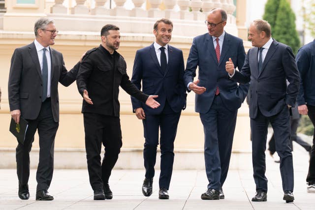 From left, Sir Keir Starmer, Ukrainian President Volodymyr Zelensky, French President Emmanuel Macron, German Chancellor Friedrich Merz and Poland’s Prime Minister Donald Tusk at the Presidential Palace in Kyiv on Saturday 