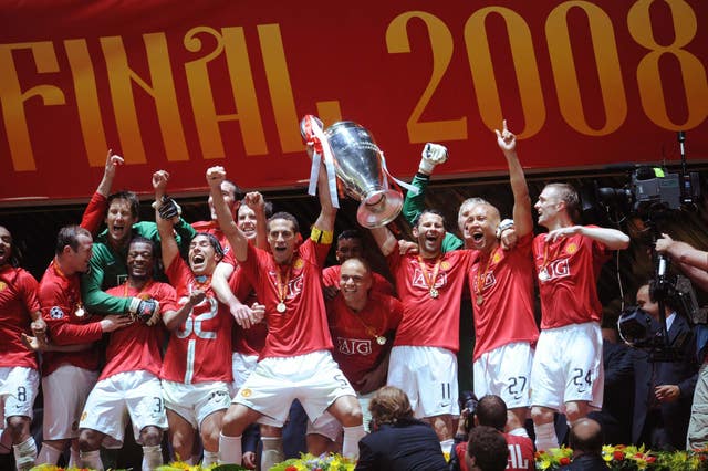 Manchester United celebrate winning the 2008 Champions League (Owen Humphreys/PA)