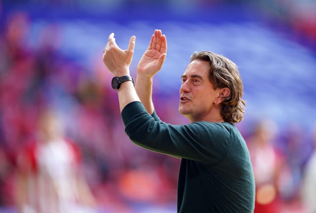 Thomas Frank celebrates with Brentford's fans