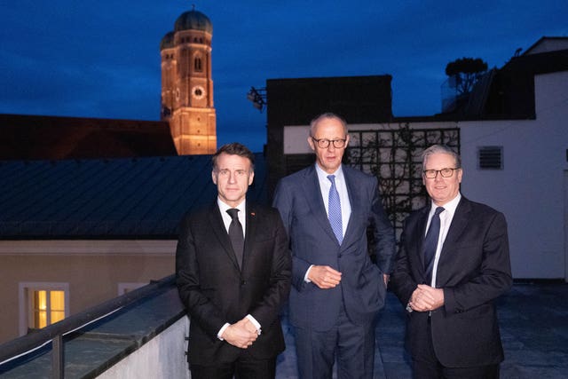 French President Emmanuel Macron, German Chancellor Friedrich Merz and Prime Minister Sir Keir Starmer during a trilateral meeting at the Munich Security Conference in Munich, Germany