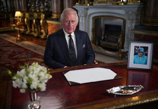 The King delivers his address to the nation from Buckingham Palace, following the death of the Queen (Yui Mok/PA)