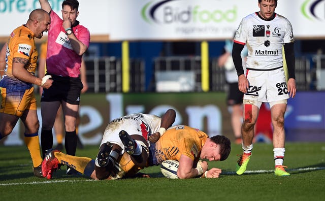 Exeter's Dave Ewers powers over for a try during his side's Heineken Champions Cup win against Lyon at Sandy Park 