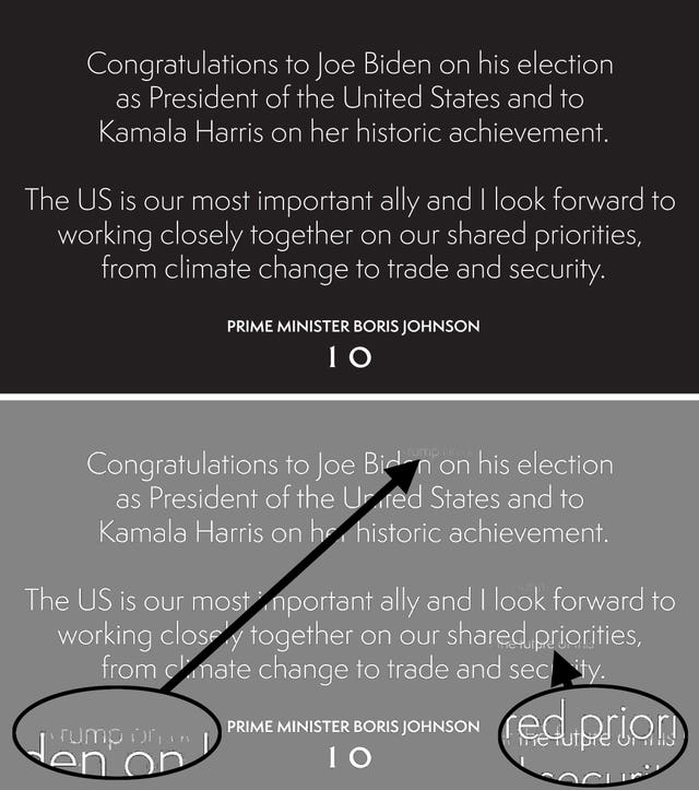 Screengrab from the official Twitter page of Prime Minister Boris Johnson of his original tweet (top) congratulating Joe Biden on his US election victory and an image optimised using Photoshop (below) showing underlying text