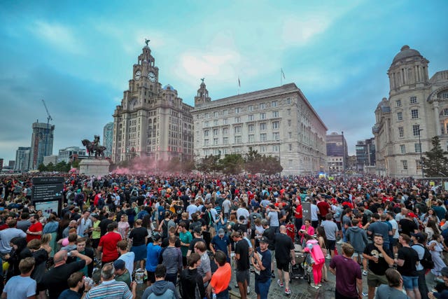 Liverpool fans gathered in the city centre after they won the Premier League title