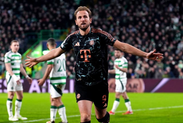 Harry Kane celebrates scoring a goal for Bayern Munich against Celtic