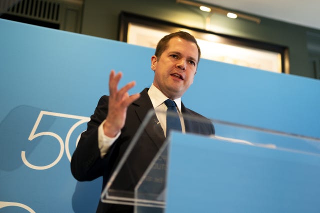 Robert Jenrick delivers a speech at the Old Queen's Street Cafe in Westminster during his leadership bid