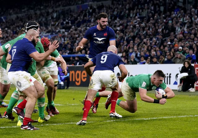 Ireland’s Dan Sheehan goes over for a try against France