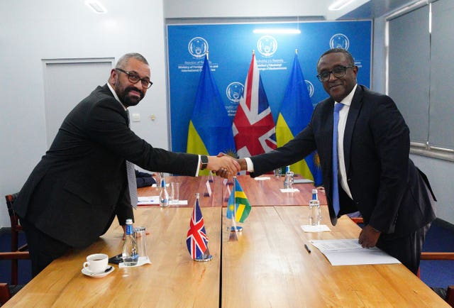 Home Secretary James Cleverly and Rwandan minister of foreign affairs Vincent Biruta hold a bilateral meeting after they signed a new treaty in Kigali