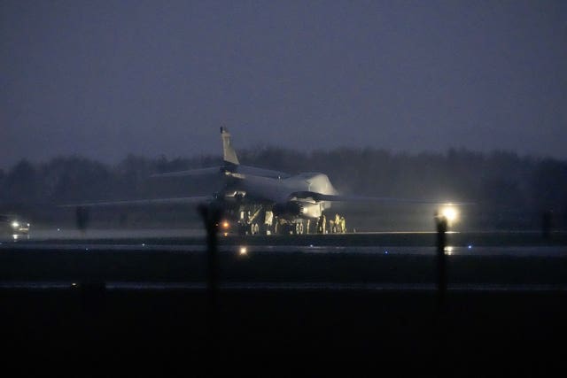 A Rockwell B-1 Lancer used by the United States Air Force arrives at RAF Fairford in Gloucestershire on Friday night