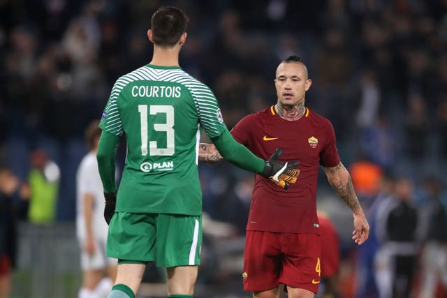 Chelsea goalkeeper Thibaut Courtois (left) and Roma’s Radja Nainggolan